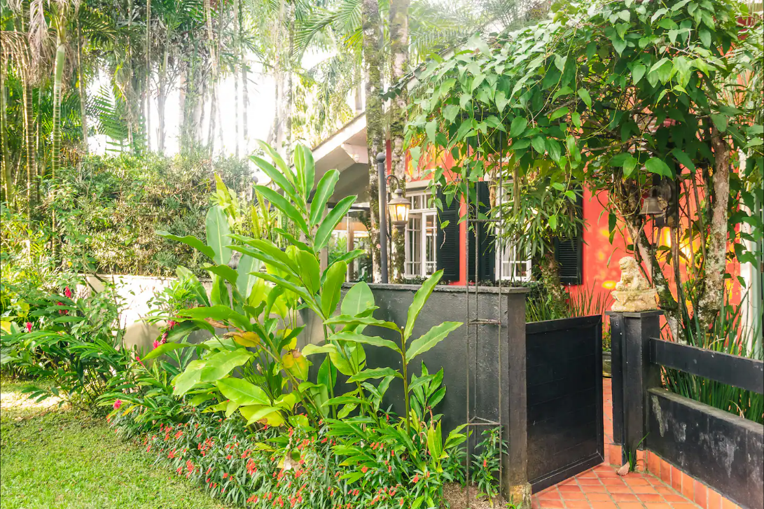 Fachada da Casa das Palmeiras cercada pelo verde